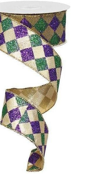 1.5" Harlequin Glitter Diamond Ribbon: Mardi Gras (10 Yards) - Michelle's aDOORable Creations - Wired Edge Ribbon