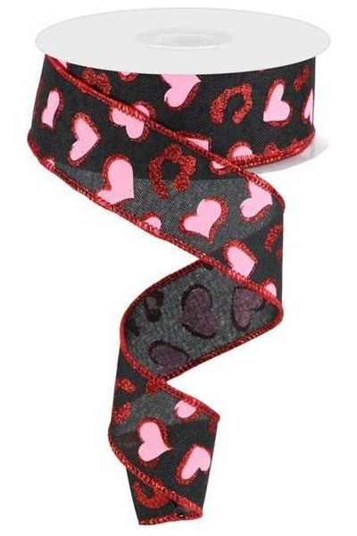 1.5" Heart Leopard Spots Ribbon: Black (10 Yard) - Michelle's aDOORable Creations - Wired Edge Ribbon