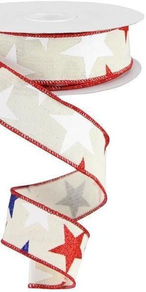 1.5" Ivory Cotton Ribbon: Patriotic Stars (10 Yards) - Michelle's aDOORable Creations - Wired Edge Ribbon
