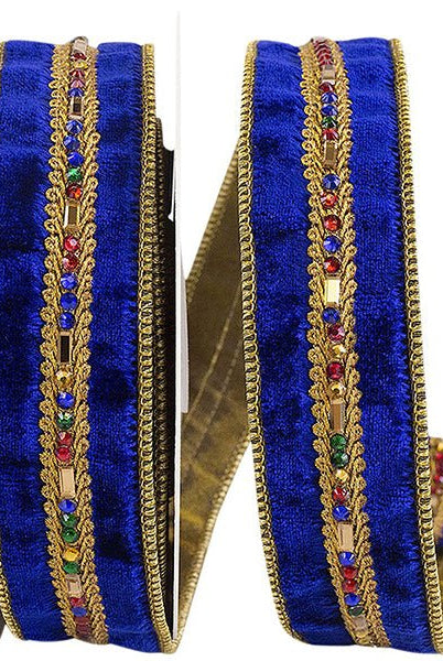 1.5" Jewel Stones Velvet Ribbon: Royal Blue (5 Yards) - Michelle's aDOORable Creations - Wired Edge Ribbon