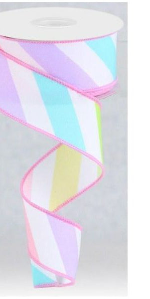 1.5" Large Multi Diagonal Stripe Ribbon: White (10 Yards) - Michelle's aDOORable Creations - Wired Edge Ribbon