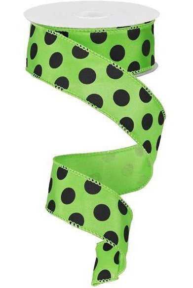 1.5" Large Polka Dot Ribbon: Lime Green & Black (10 Yards) - Michelle's aDOORable Creations - Wired Edge Ribbon