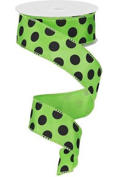 1.5" Large Polka Dot Ribbon: Lime Green & Black (10 Yards) - Michelle's aDOORable Creations - Wired Edge Ribbon