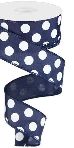 1.5" Large Polka Dot Ribbon: Navy Blue (10 Yards) - Michelle's aDOORable Creations - Wired Edge Ribbon