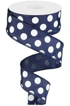 1.5" Large Polka Dot Ribbon: Navy Blue (10 Yards) - Michelle's aDOORable Creations - Wired Edge Ribbon