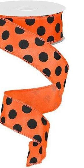 1.5" Large Polka Dot Ribbon: Orange & Black (10 Yards) - Michelle's aDOORable Creations - Wired Edge Ribbon