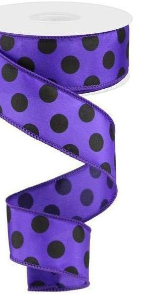 1.5" Large Polka Dot Ribbon: Purple & Black (10 Yards) - Michelle's aDOORable Creations - Wired Edge Ribbon
