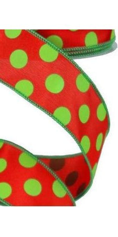 1.5" Large Polka Dot Ribbon: Red & Lime Green (10 Yards) - Michelle's aDOORable Creations - Wired Edge Ribbon