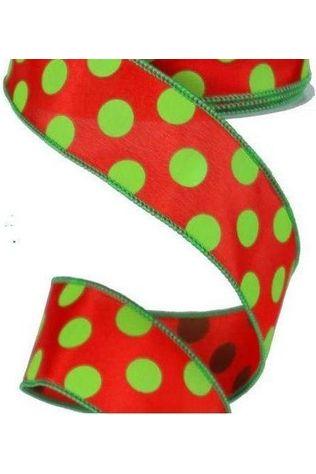 1.5" Large Polka Dot Ribbon: Red & Lime Green (10 Yards) - Michelle's aDOORable Creations - Wired Edge Ribbon