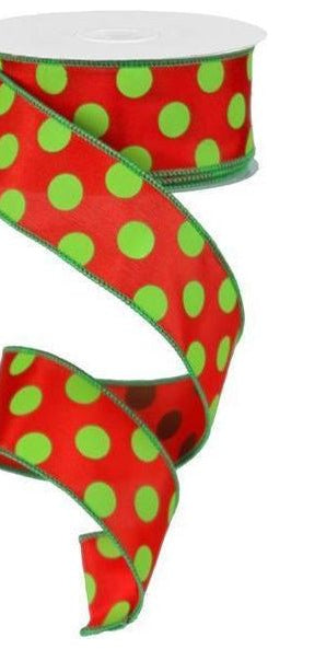 1.5" Large Polka Dot Ribbon: Red & Lime Green (10 Yards) - Michelle's aDOORable Creations - Wired Edge Ribbon