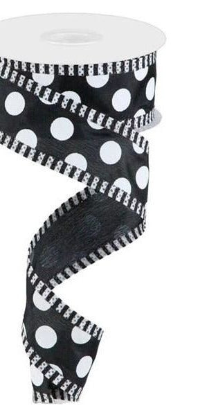 1.5" Large Polka Dot Stripe Ribbon: Black (10 Yards) - Michelle's aDOORable Creations - Wired Edge Ribbon