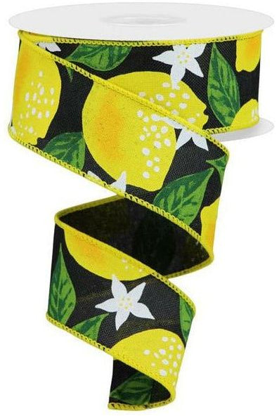 1.5" Lemon on Royal Ribbon: Black (10 Yards) - Michelle's aDOORable Creations - Wired Edge Ribbon