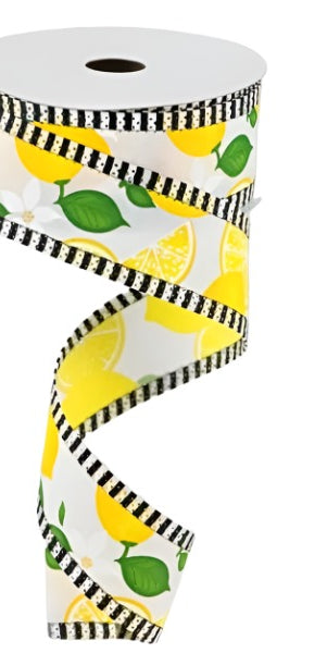 1.5" Lemon Thin Stripes Ribbon: White (10 Yards) - Michelle's aDOORable Creations - Wired Edge Ribbon