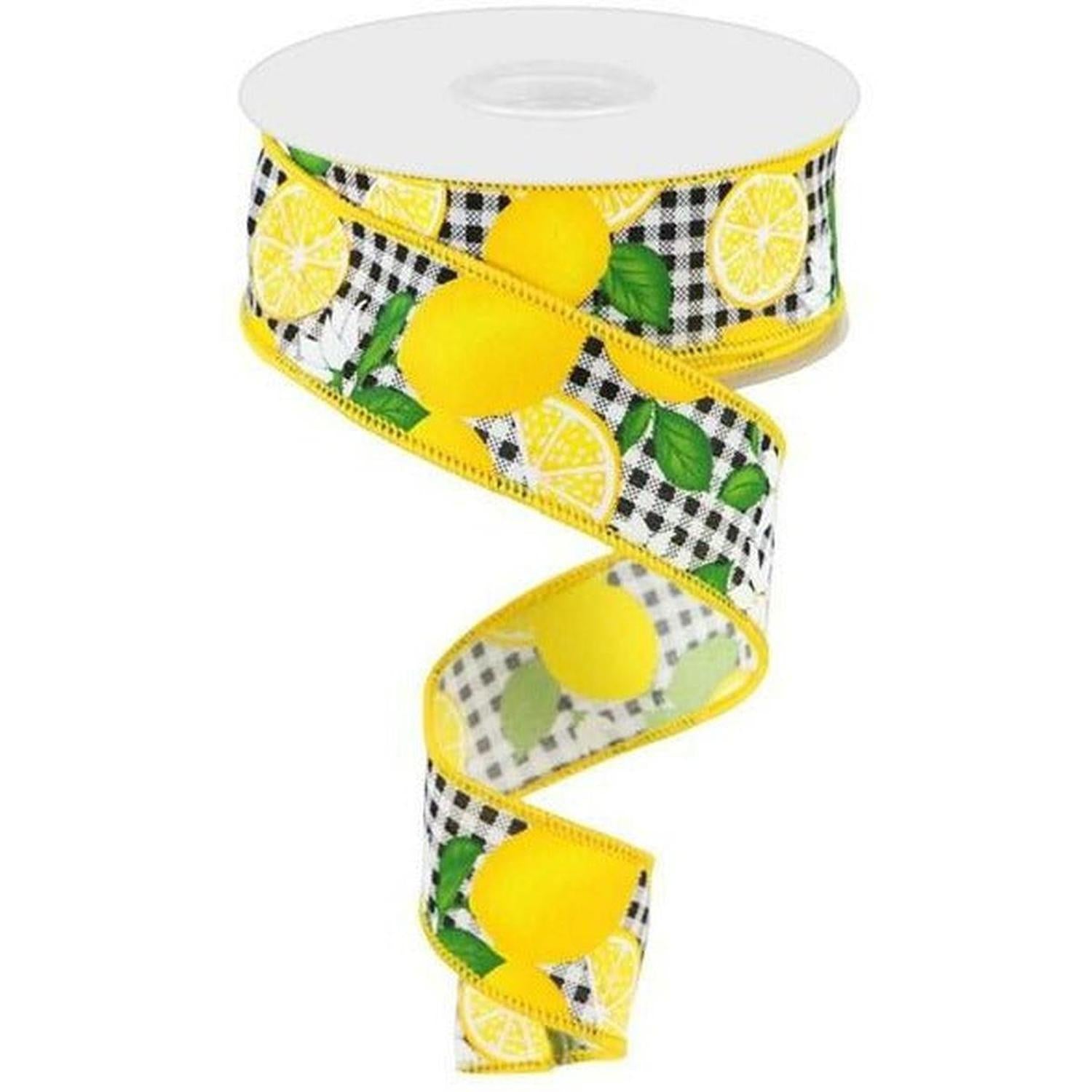 1.5" Lemon with Leaves Check Ribbon: Black & White (10 Yards)