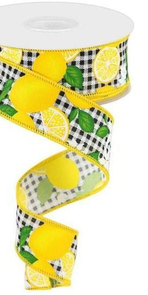 1.5" Lemon with Leaves Check Ribbon: Black & White (10 Yards) - Michelle's aDOORable Creations - Wired Edge Ribbon