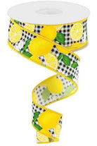 1.5" Lemon with Leaves Check Ribbon: Black & White (10 Yards) - Michelle's aDOORable Creations - Wired Edge Ribbon