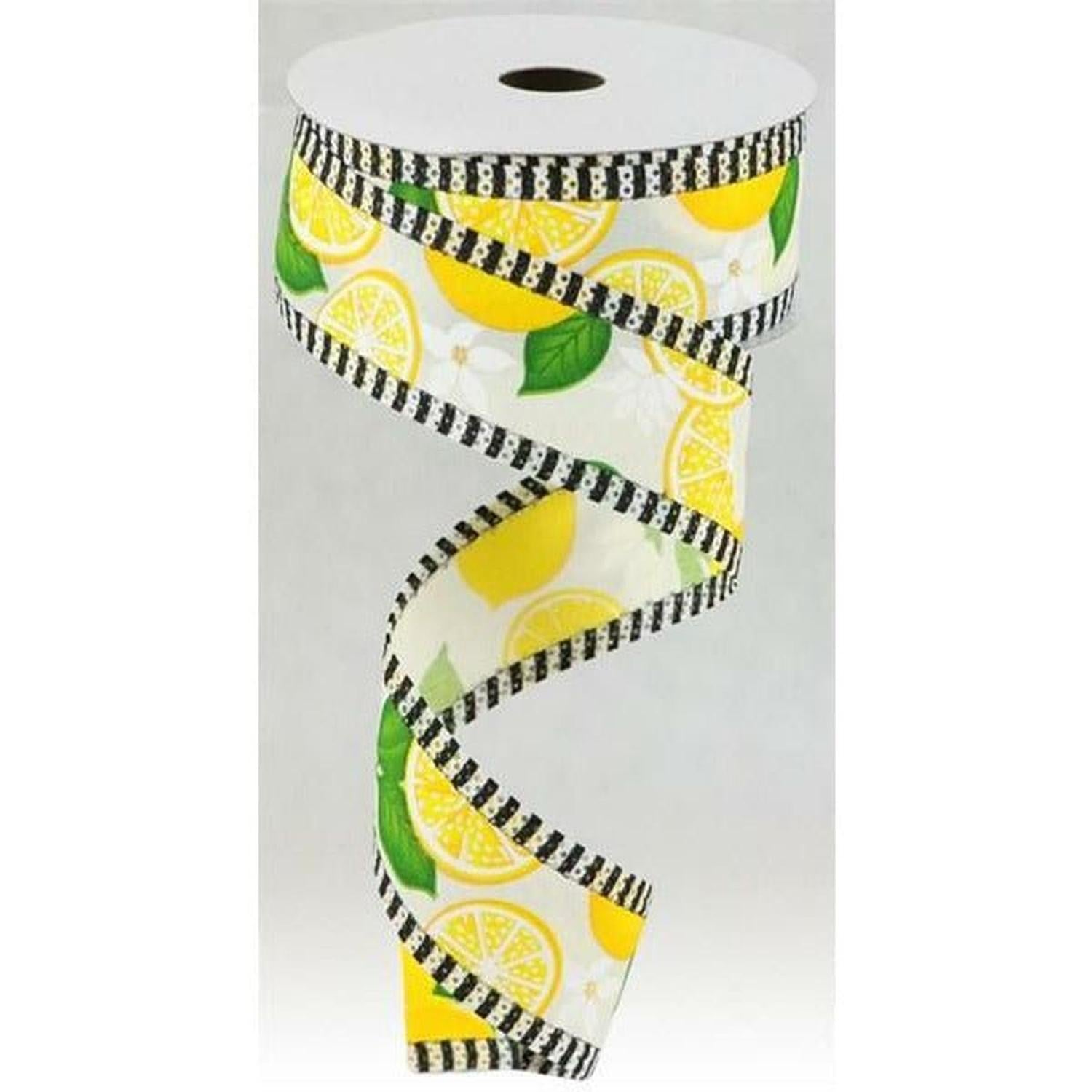 1.5" Lemon with Leaves Thin Stripes Ribbon: Cream (10 Yards)