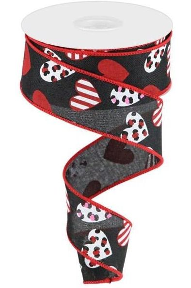 1.5" Leopard Hearts Ribbon: Black (10 Yard) - Michelle's aDOORable Creations - Wired Edge Ribbon