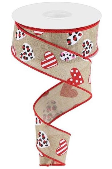 1.5" Leopard Hearts Ribbon: Light Beige (10 Yard) - Michelle's aDOORable Creations - Wired Edge Ribbon