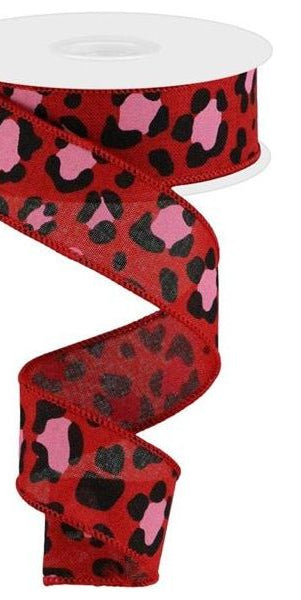 1.5" Leopard Print on Royal Ribbon: Red/Pink (10 Yards) - Michelle's aDOORable Creations - Wired Edge Ribbon