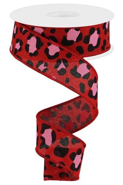 1.5" Leopard Print on Royal Ribbon: Red/Pink (10 Yards) - Michelle's aDOORable Creations - Wired Edge Ribbon