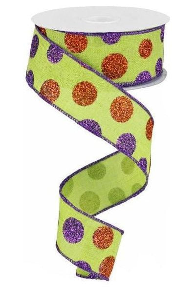 1.5" Lime Green Ribbon with Multi Glitter Dots - Michelle's aDOORable Creations - Wired Edge Ribbon