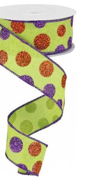 1.5" Lime Green Ribbon with Multi Glitter Dots - Michelle's aDOORable Creations - Wired Edge Ribbon