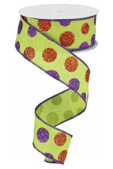 Shop For 1.5" Lime Green Ribbon with Multi Glitter Dots at Michelle's aDOORable Creations