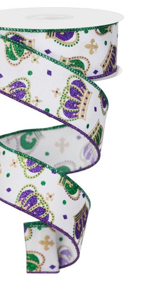 1.5" Mardi Gras Crown Ribbon: White (10 Yards) - Michelle's aDOORable Creations - Wired Edge Ribbon