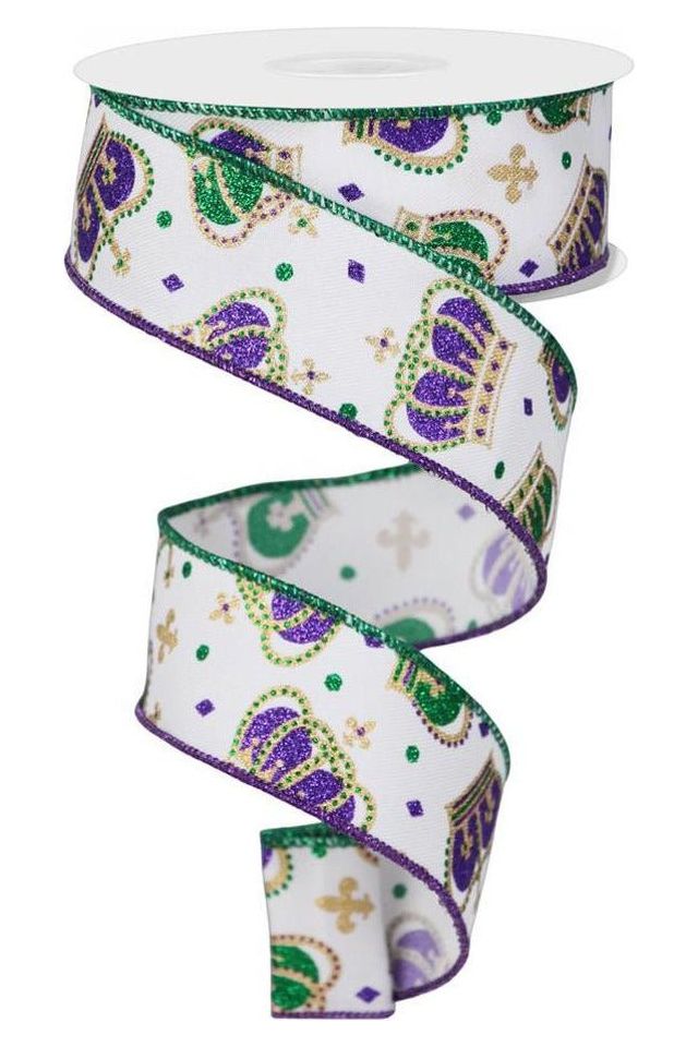 1.5" Mardi Gras Crown Ribbon: White (10 Yards) - Michelle's aDOORable Creations - Wired Edge Ribbon