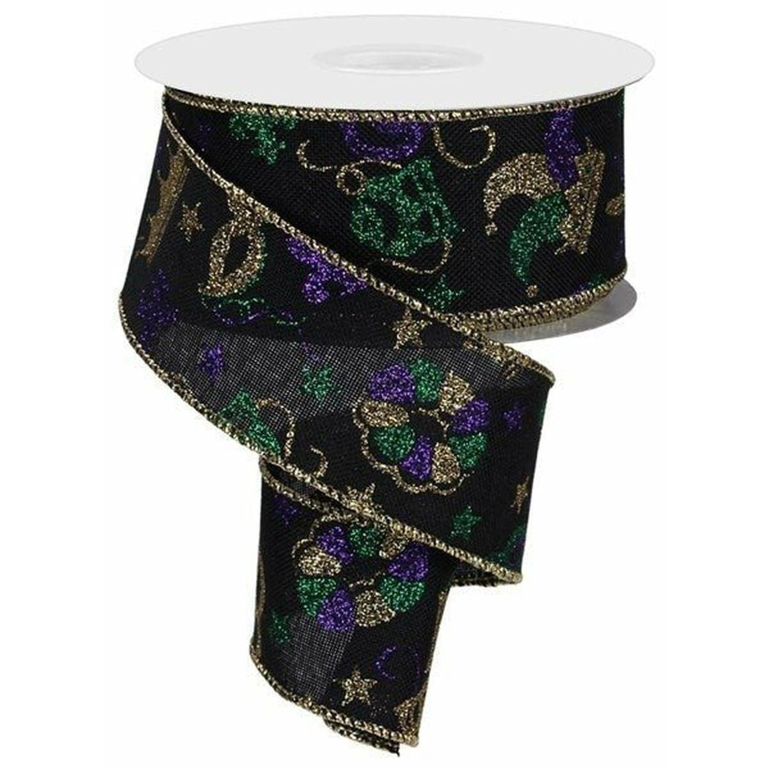 1.5" Mardi Gras Pattern Ribbon: Black (10 Yards)