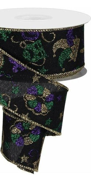 1.5" Mardi Gras Pattern Ribbon: Black (10 Yards) - Michelle's aDOORable Creations - Wired Edge Ribbon