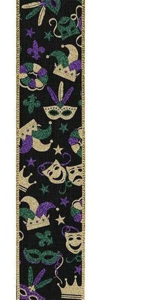 1.5" Mardi Gras Pattern Ribbon: Black (10 Yards) - Michelle's aDOORable Creations - Wired Edge Ribbon
