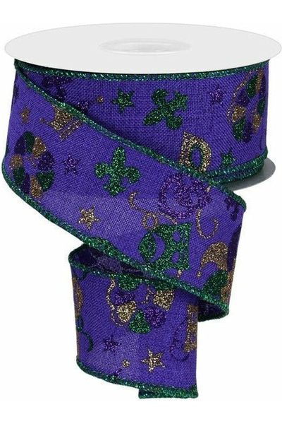 1.5" Mardi Gras Pattern Ribbon: Purple (10 Yards) - Michelle's aDOORable Creations - Wired Edge Ribbon