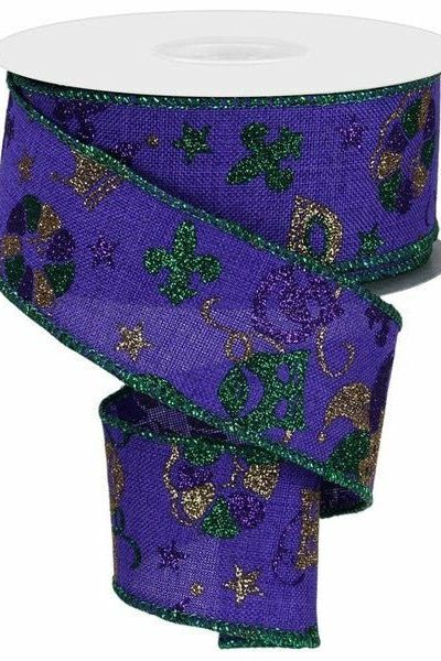 1.5" Mardi Gras Pattern Ribbon: Purple (10 Yards) - Michelle's aDOORable Creations - Wired Edge Ribbon