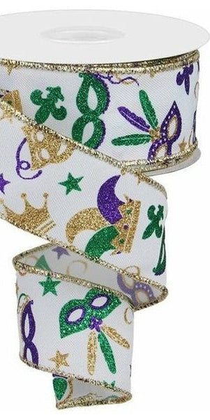 1.5" Mardi Gras Pattern Ribbon: White (10 Yards) - Michelle's aDOORable Creations - Wired Edge Ribbon