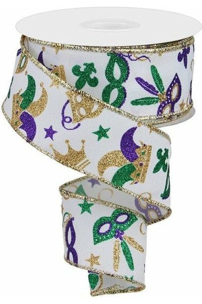 1.5" Mardi Gras Pattern Ribbon: White (10 Yards) - Michelle's aDOORable Creations - Wired Edge Ribbon