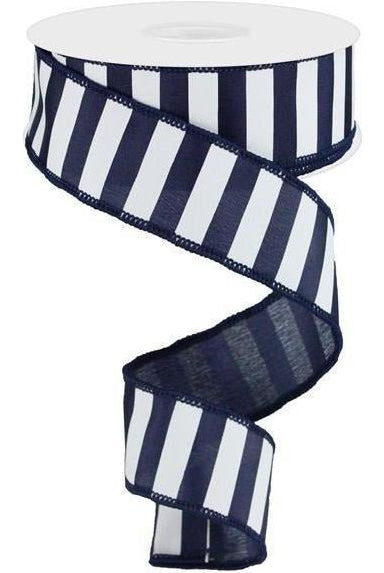 1.5" Medium Horizontal Stripe Ribbon: Navy Blue & White (10 Yards) - Michelle's aDOORable Creations - Wired Edge Ribbon