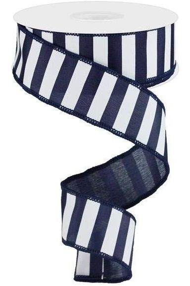 1.5" Medium Horizontal Stripe Ribbon: Navy Blue & White (10 Yards) - Michelle's aDOORable Creations - Wired Edge Ribbon