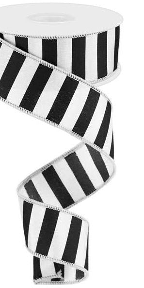 1.5" Medium Horizontal Stripe Ribbon: White & Black (10 Yards) - Michelle's aDOORable Creations - Wired Edge Ribbon