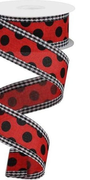 1.5" Medium Polka Dots Gingham Edge: Red & Black (10 Yards) - Michelle's aDOORable Creations - Wired Edge Ribbon