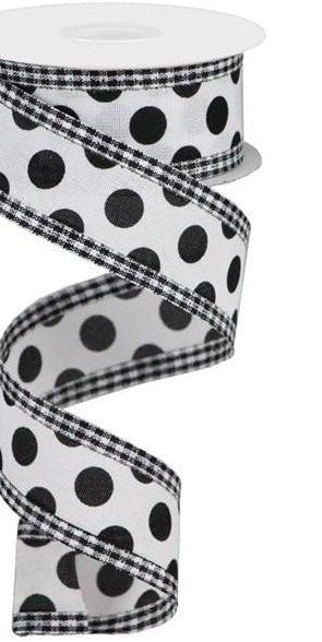 1.5" Medium Polka Dots Gingham Edge: White & Black (10 Yards) - Michelle's aDOORable Creations - Wired Edge Ribbon