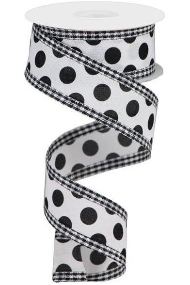 1.5" Medium Polka Dots Gingham Edge: White & Black (10 Yards) - Michelle's aDOORable Creations - Wired Edge Ribbon