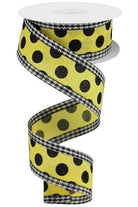 1.5" Medium Polka Dots Gingham Edge: Yellow & Black (10 Yards) - Michelle's aDOORable Creations - Wired Edge Ribbon