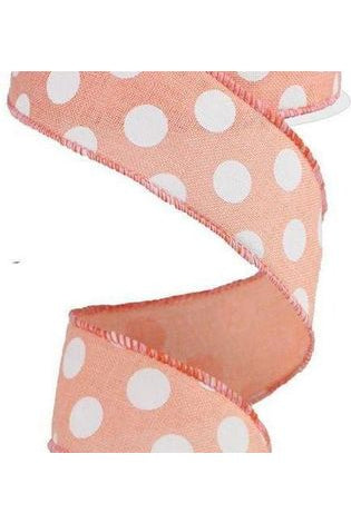 1.5" Medium Polka Dots: Peach & White (10 Yards) - Michelle's aDOORable Creations - Wired Edge Ribbon
