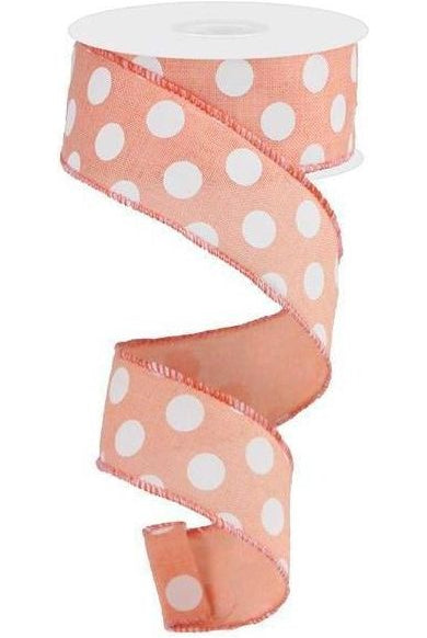 1.5" Medium Polka Dots: Peach & White (10 Yards) - Michelle's aDOORable Creations - Wired Edge Ribbon