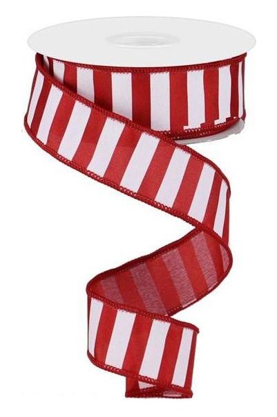 1.5" Medium Stripe Ribbon: Crimson Red & White (10 Yards) - Michelle's aDOORable Creations - Wired Edge Ribbon