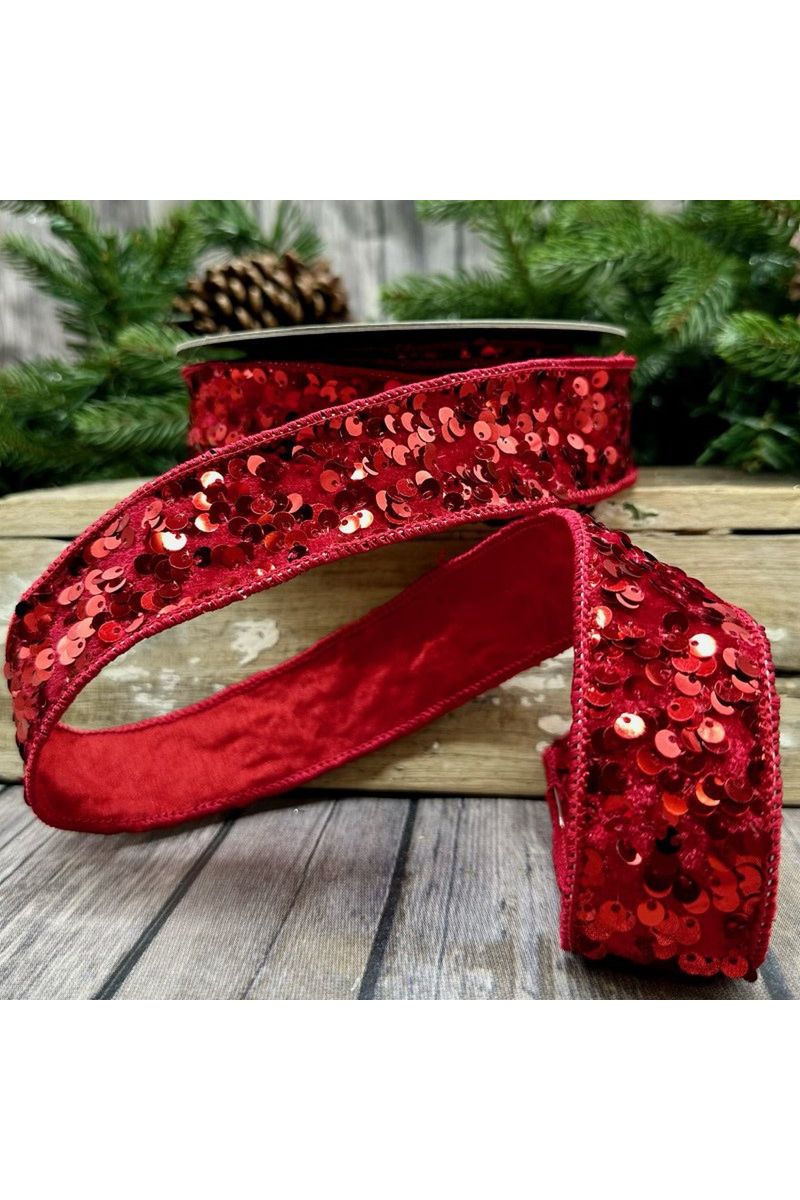 1.5" Metallic Sequin Ribbon: Red (10 Yards) - Michelle's aDOORable Creations - Wired Edge Ribbon