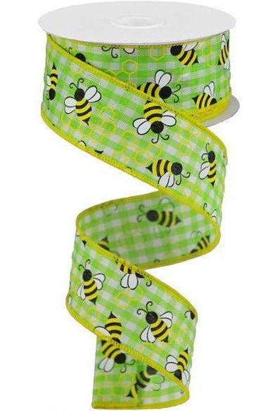 Shop For 1.5" Mini Bumblebees on Check Ribbon: Lime Green (10 Yards) RGA1619WW