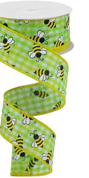 1.5" Mini Bumblebees on Check Ribbon: Lime Green (10 Yards) - Michelle's aDOORable Creations - Wired Edge Ribbon